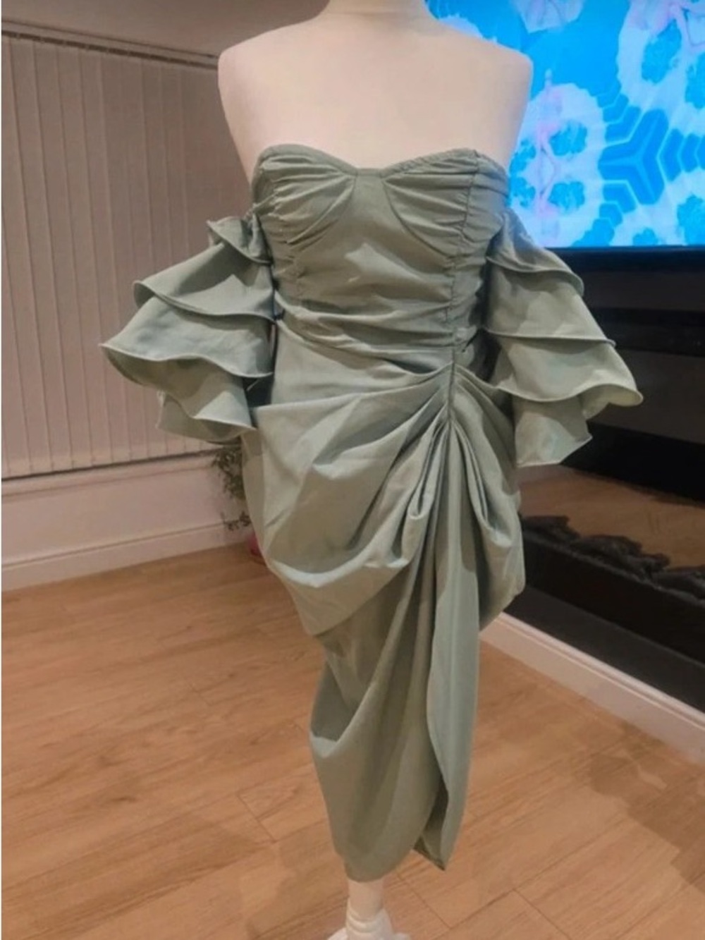 Off-Shoulder Sage Green Ruffled Maxi Dress